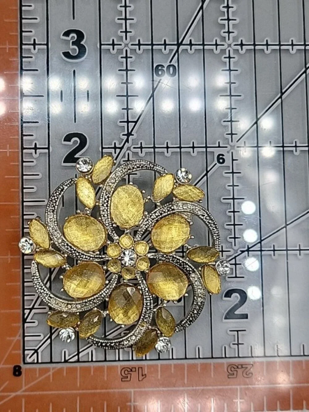 Liz Claiborne Yellow Rhinestone Brooch Clear Accents Silver Tone Vintage